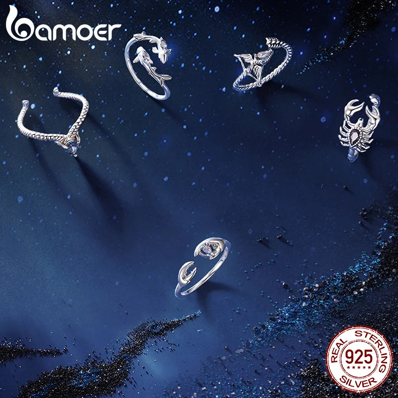 BAMOER 925 Sterling Silver Zodiac Sign Open Ring, Rainbow Oval Zircon 12 Constellation Ring for Women Girls Astrology Birthday