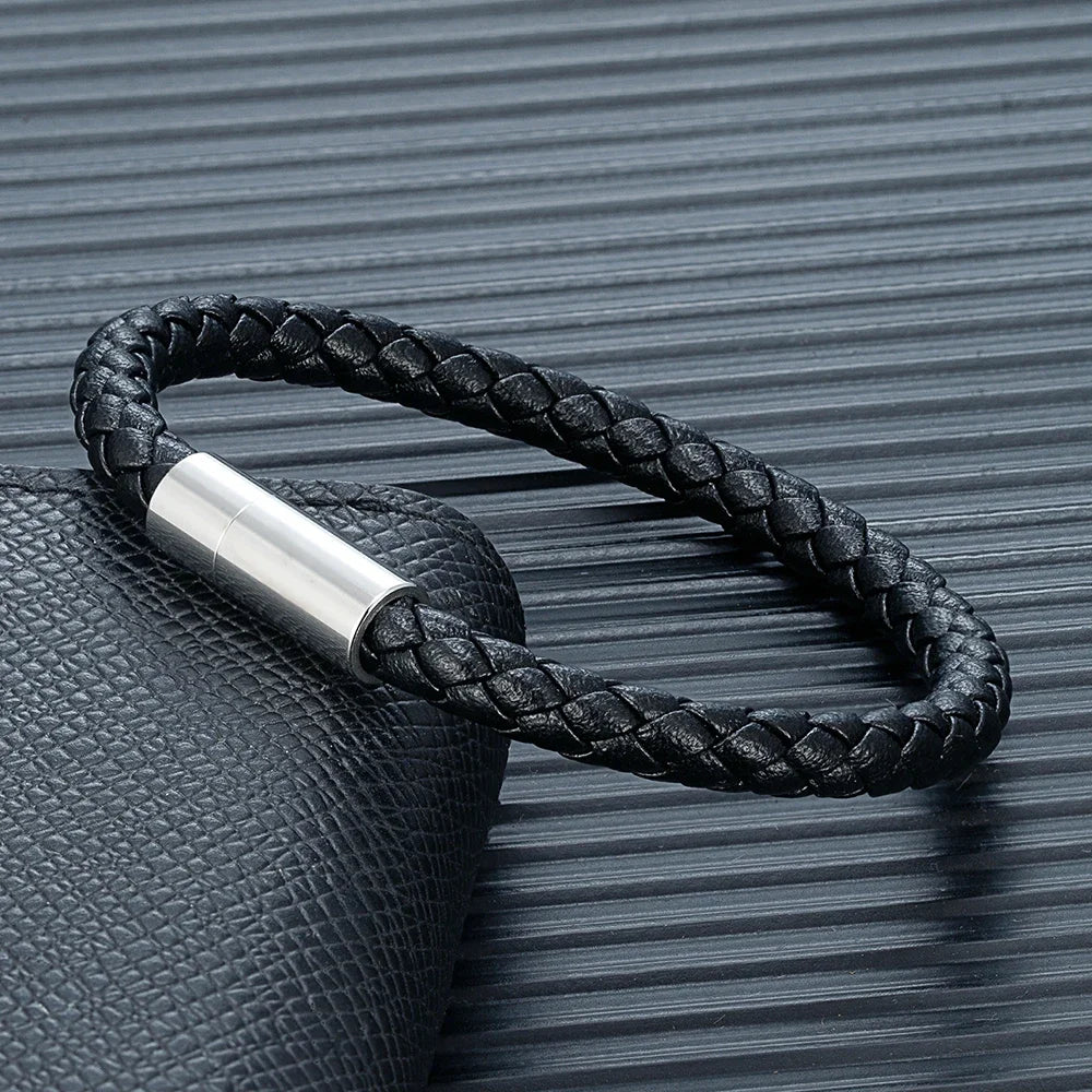 MKENDN Classic Blue Braided Leather Bracelet Stainless Steel Magnetic Buckle Bangle Simple & Stylish Couple Jewelry Gift for Him