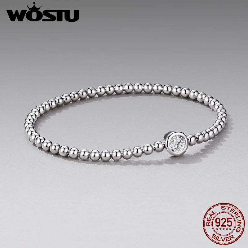 WOSTU 925 Silver Bead Bracelet with 7mm Heart Round CZ,  Adjustable Spring bangle Bracelet to 16-19cm Valentines Day Jewelry