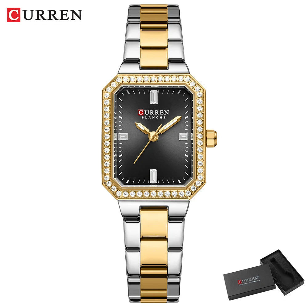 CURREN Luxurious Elegant Women's Watches Classic Rectangular Dial with Rhinestones Luminous Hands Waterproof
