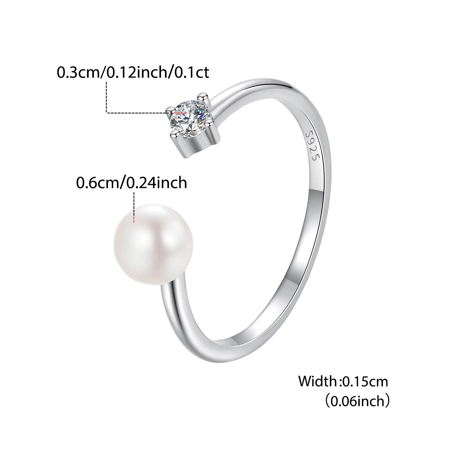 Bague ajustable BISAER en argent sterling 925 avec diamant de laboratoire taille moissanite de 0,1 carat, anneau ouvert et perle d'eau douce. Bijou fin pour femme.