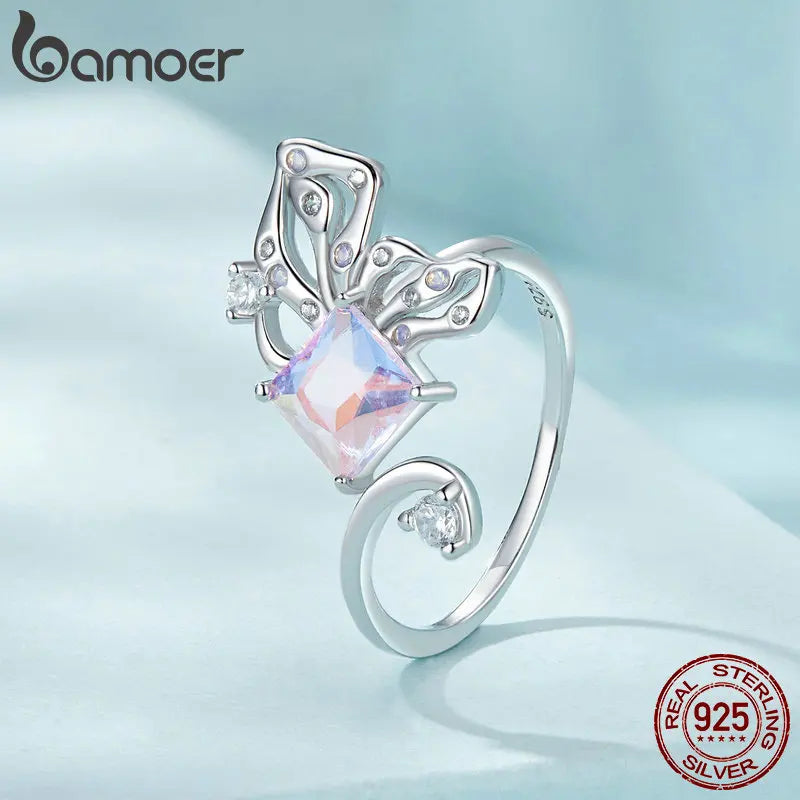 BAMOER 925 Silver Butterfly Ring for Girls, Dainty Cute Butterfly Jewelry Gifts for Women On Birthday Christmas for Girlfriend