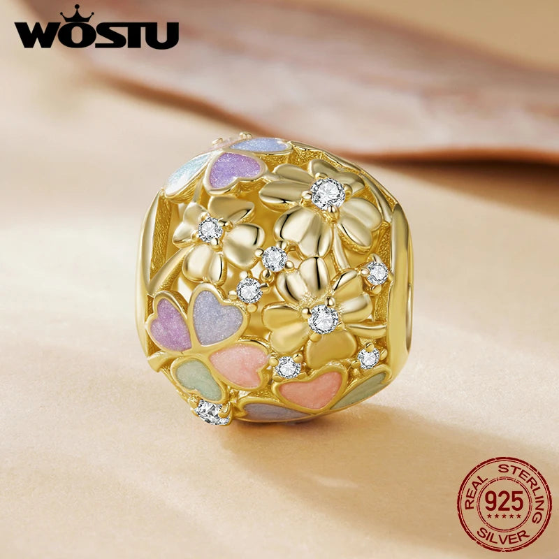 WOSTU 925 Sterling Silver Tow Tone DIY Bee Pendant Lucky Four-Leaf Clover Charm Colorful Leaves Bead Fit Original Bracelet Neck