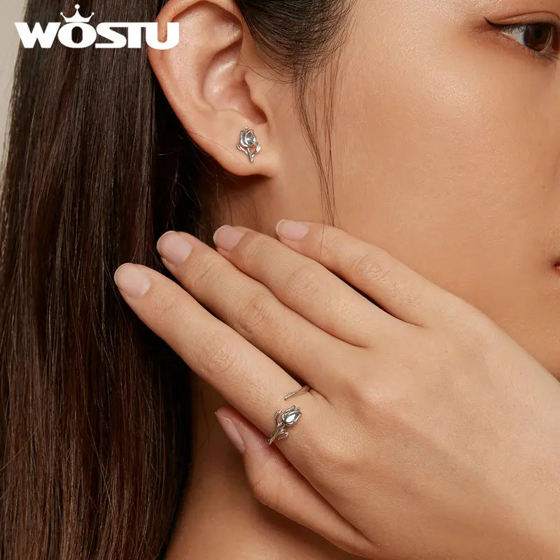 WOSTU 925 Sterling Silver 3D Tulip Open Ring Light Blue Sea Turtle Finger Ring Ocean Opal for Women Dreamy Party Jewelry Gift