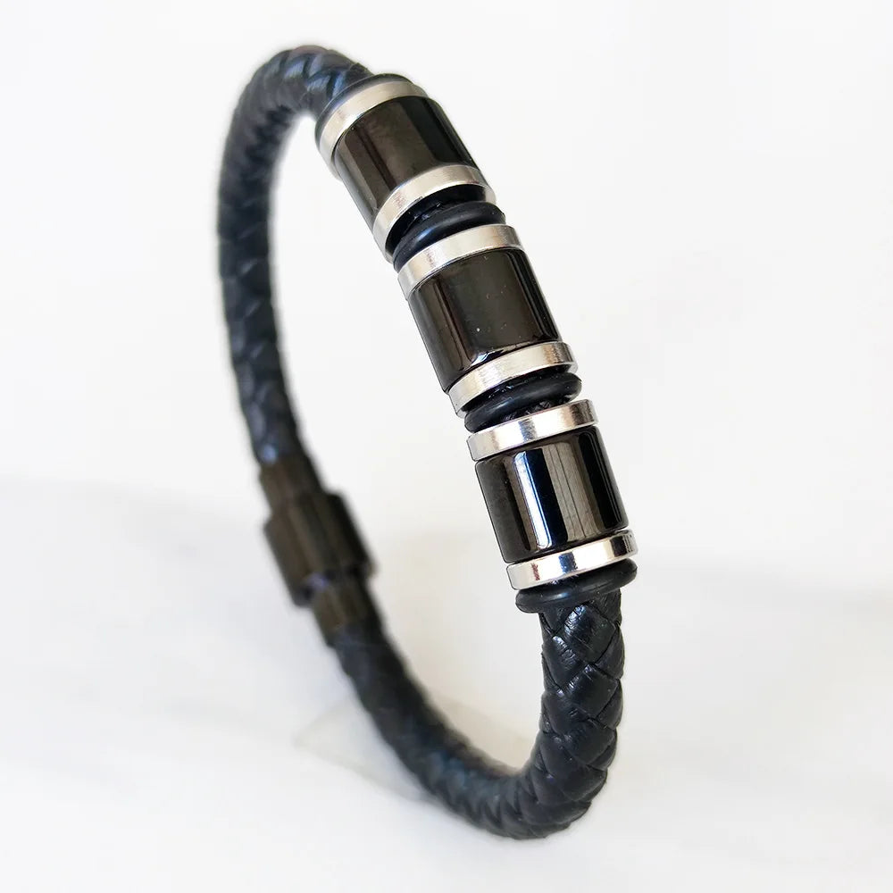 MKENDN Punk Beads Charm Men Bracelet Stainless Steel Magnetic Clasp Braided Leather Wrapping Bangles Man Jewelry Gift