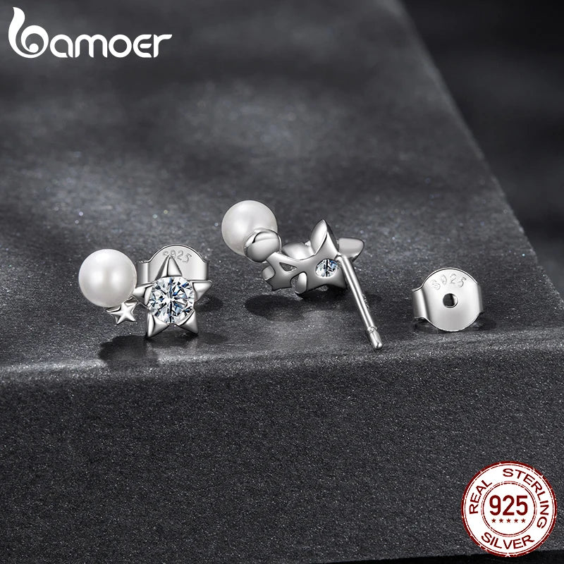 BAMOER Doppelstern-Moissanit-Ohrstecker, weißvergoldete Perlenohrringe, runde Labor-Diamanten für Damen, elegantes und süßes Geschenk