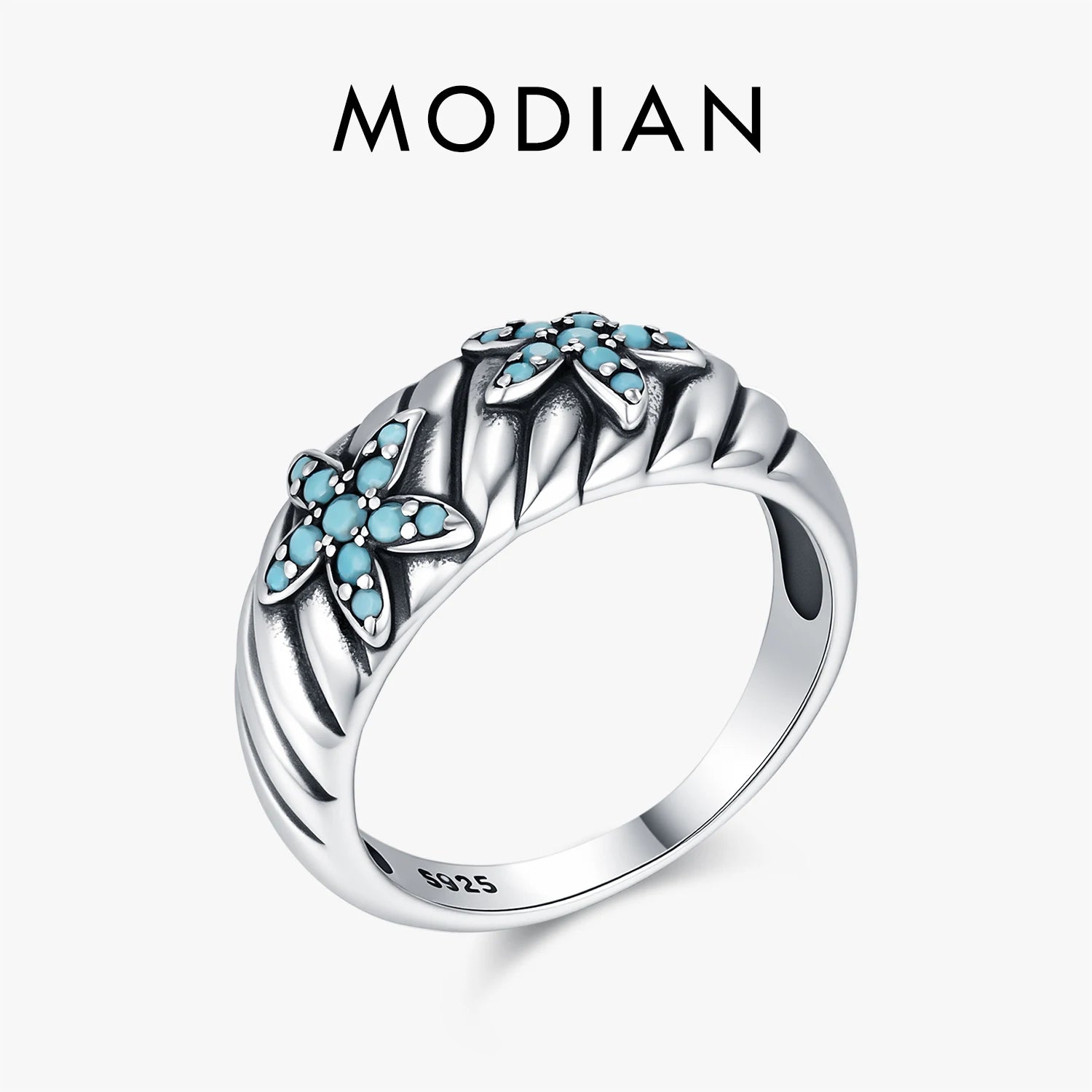 MODIAN 925 Sterling Silver Retro Gully Texture Design Wide Rings Turquoise Starfish Finger Rings For Women Fine Jewelry Gifts