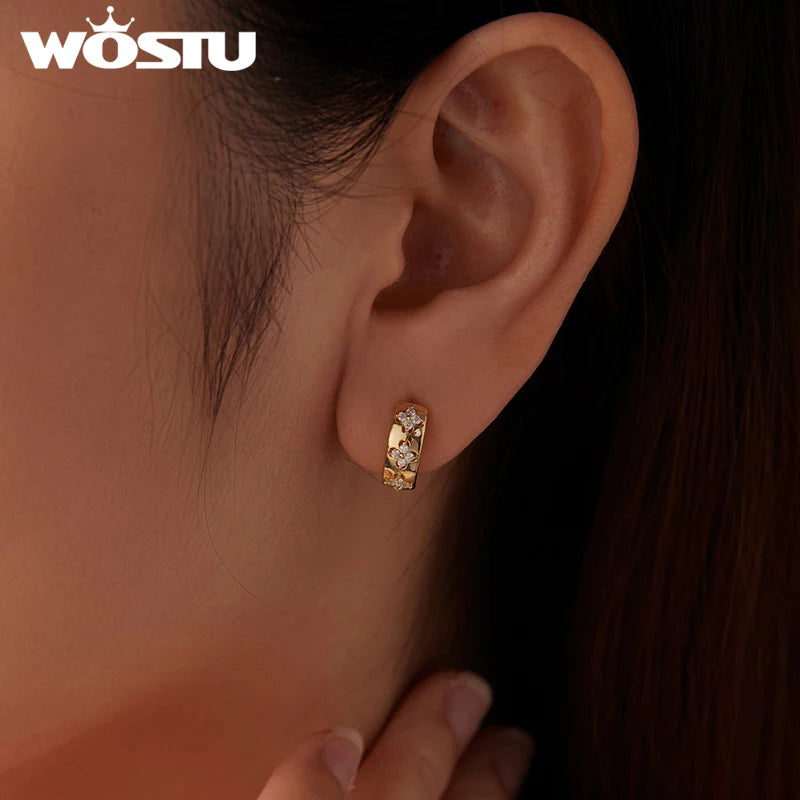 WOSTU Moissanite Clover Hoop Earrings Engagement Ring for Women, 925 Sterling Silver Gold Clover Jewelry Set Xmas New Year Gift