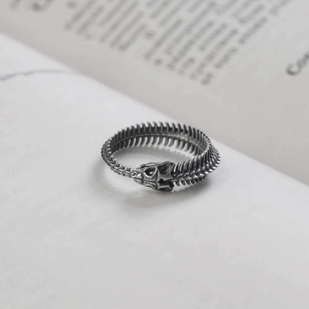 MKENDN Vintage 100% 925 Sterling Silver Snake Bone Ring For Men and Women Gothic Street Hip Hop Punk Jewelry