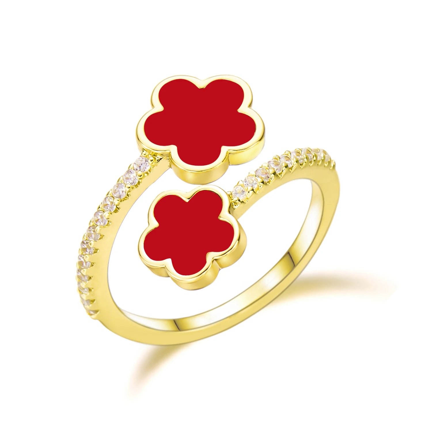 New Elegant Lucky Five Leaf Flower Ring For Women Micro Inlaid Zircon Flowers Adjustable Opening Finger Ring Romantic Jewelry