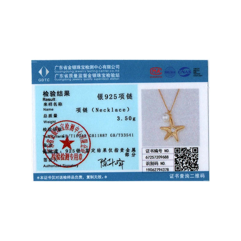 BISAER 925 Sterling Silver Starfish Pearl Pendant Adjustable Chain Plated 14K Gold for Woman Party Summer Beach Fine Jewelry