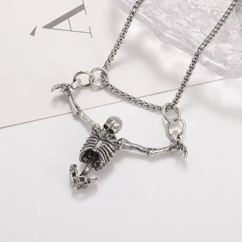 Silver Color Upper Body Skull Pendant Men's Biker Punk Necklace Gothic Alternative Casual Jewelry