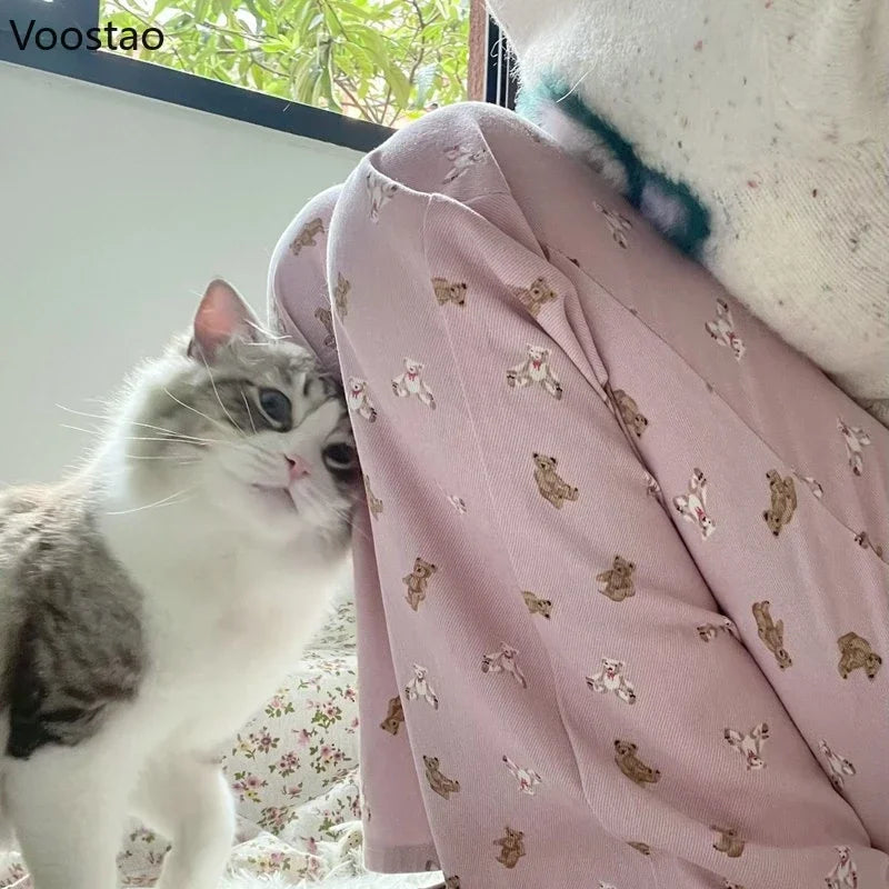 Pink Jeans Women Sweet Cute Cartoon Bear Print High Waist Wide Leg Pants Vintage Girls Casual Y2k Aesthetic Loose Denim Trousers