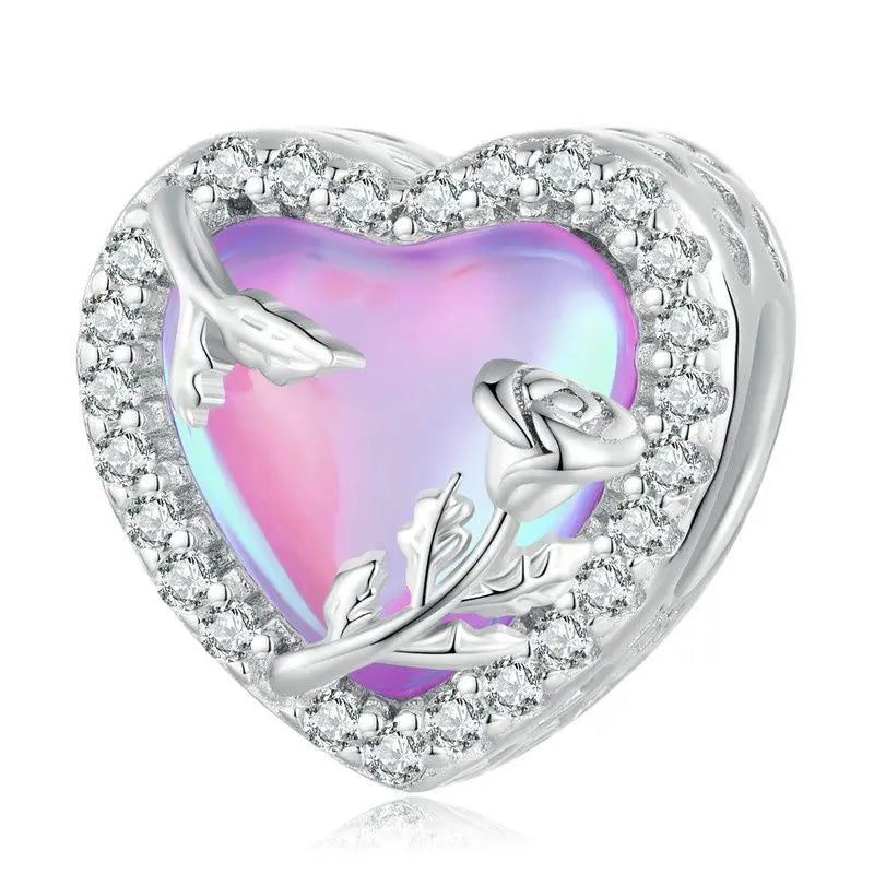 WOSTU 925 Sterling Lucky Green Four-leaf Clover Charm Pink Heart Pendant Faith Cross Bead Fit Bracelet Necklace Gift mom Family