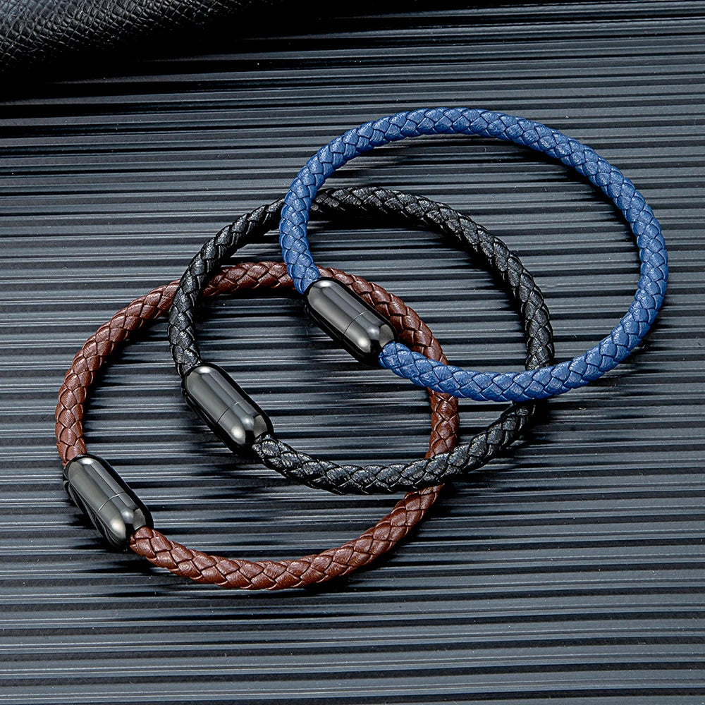 MKENDN Classic Men Leather Bracelet Woven Braided Leather Bracelets For Women Black Stainless Steel Jewelry Charm bangle