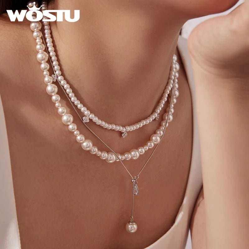 WOSTU 925 Sterling Silver Multi Layer Pearl Necklace For Women, Y-Shape CZ Pearl Pendant Elegant Valentine's Day Wedding Jewelry