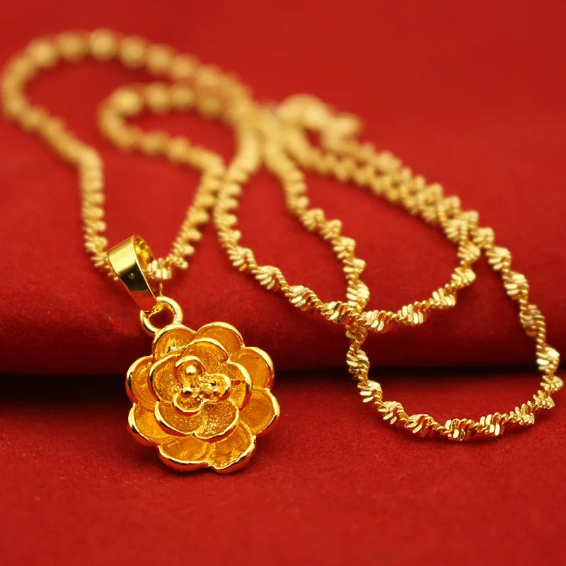 Color 18k Gold Necklace Short Chain Lovely Collarbone for Women Party Fine Jewelry Gift Real 24k 999 Yellow Gold Plated Pendant