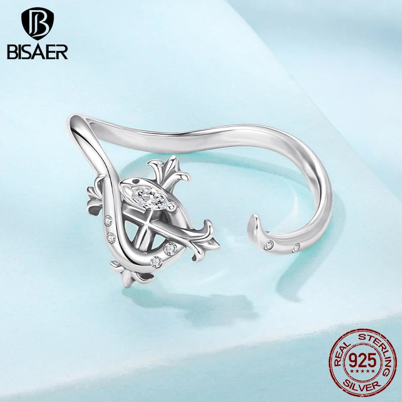 BISAER Real 925 Sterling Silver Iris Snake Open Ring Retro Flowers Band Adjustable Size 5-9 for Women Party Fine Jewelry ECR1136