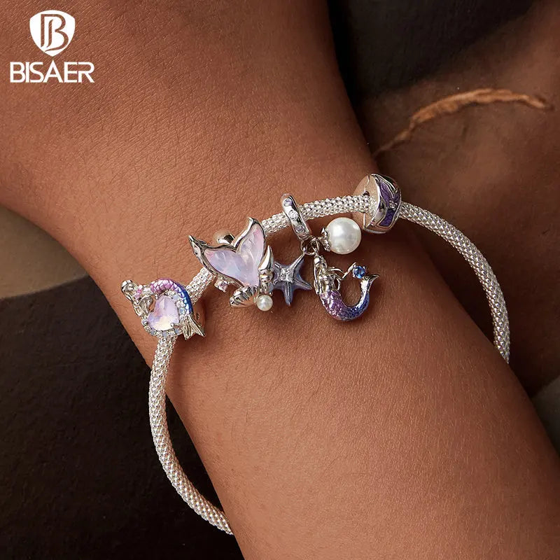 BISAER 925 Sterling Silver Ocean Dreamy Mermaid Charm Bead Rainbow Fishtail Crystal Pendant Fit Women DIY Bracelet Fine Jewelry