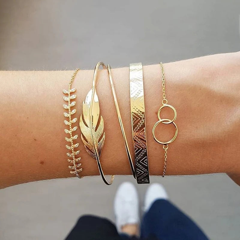 Trendy Geometric Link Chain Bracelet Set For Women Rhinestones Gold Color Leaves Heart Pendant Open Cuff Bangle Girls Jewelry - Madeinsea©