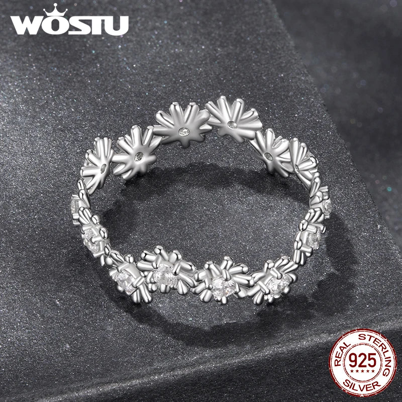 WOSTU Full Moissanite Daisy Staking Rings for Women , 925 Sterling Silver Simple flower Diamond Cut Band Rings Wedding Xmas Gift