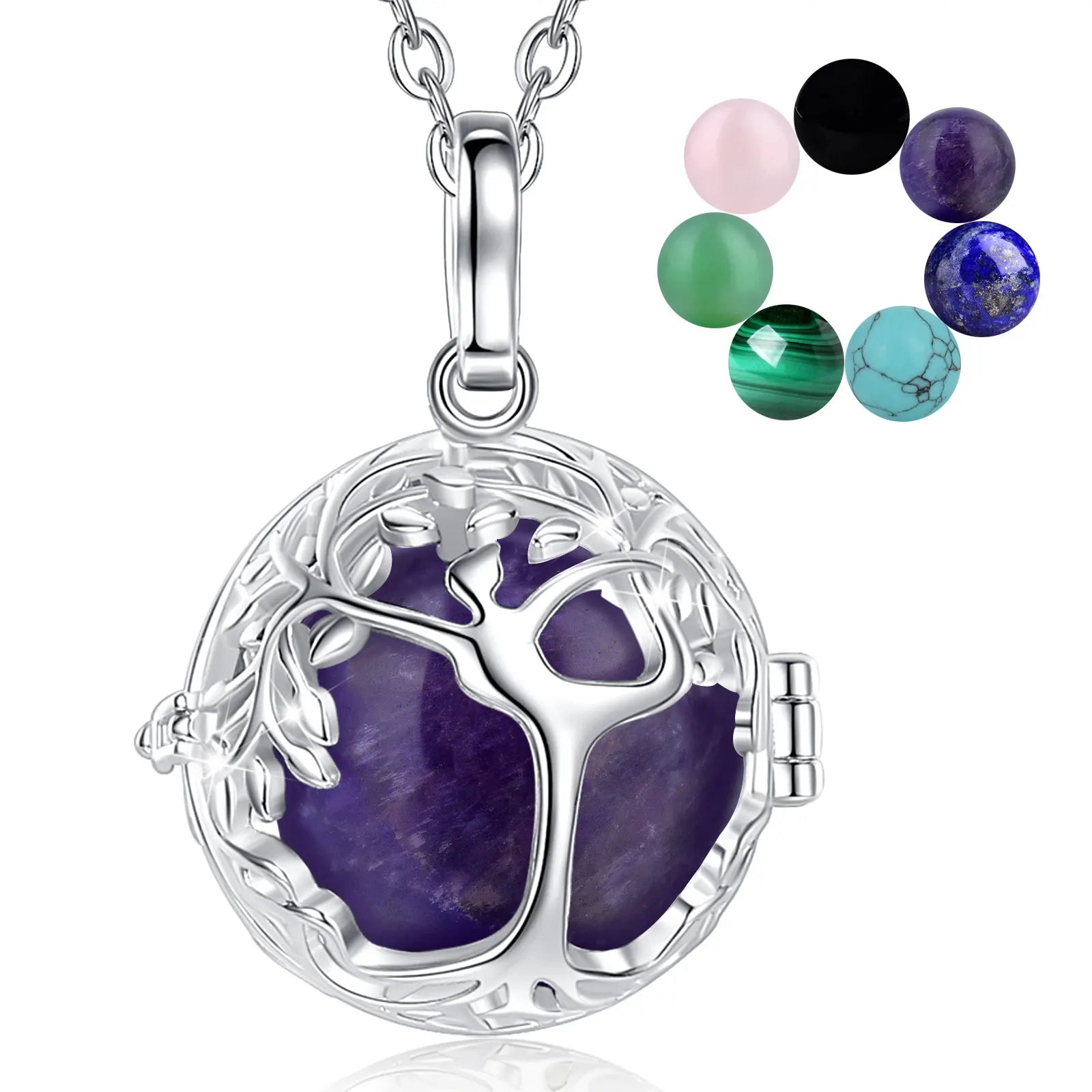 Eudora Tree of Life Cage Necklace Obsidian Energy Healing Crystal Stone Amethyst Lapis Pendant Spiritual Jewelry Meditation Gift