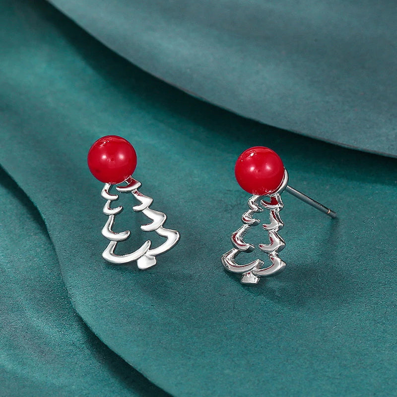 Exquisite Inlaid Zircon Christmas Small Stud Earrings For Women Red Elk Snowflake Xmas Tree Snowman Asymmetrical Earring Jewelry