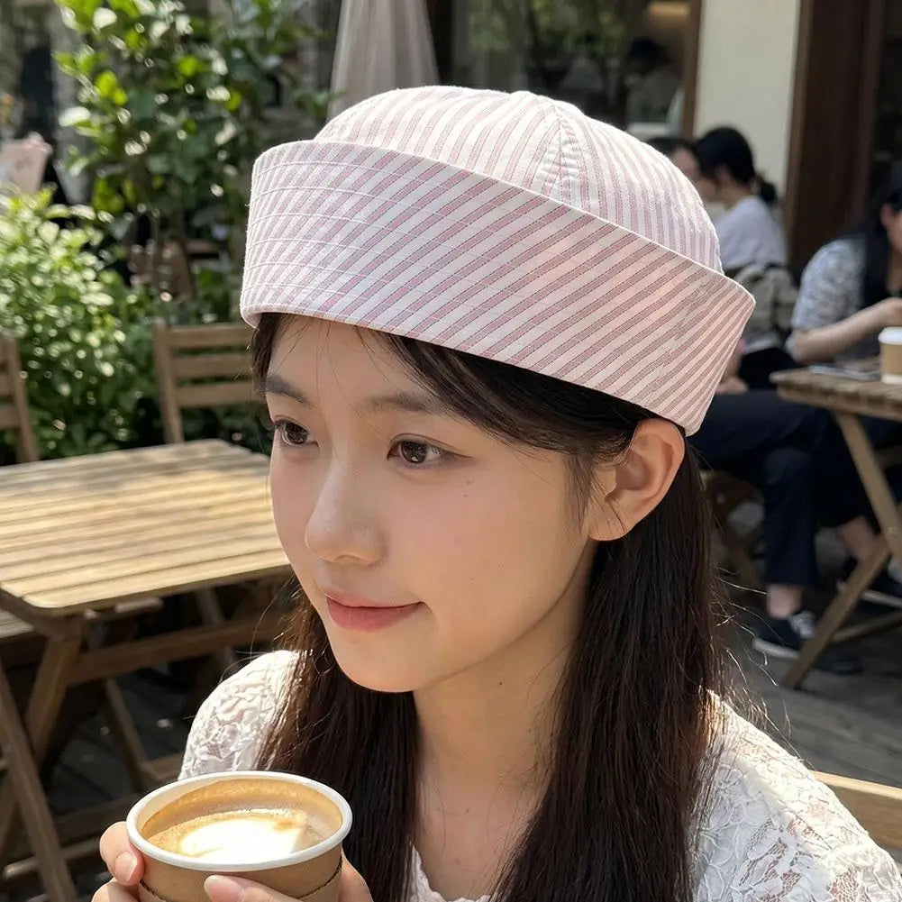 Casual Stripe Cosplay Sailor Hat UV Protection Breathable Comfortable Cosplay Sailor Hat for Men Women Reversible Flat Top Cap