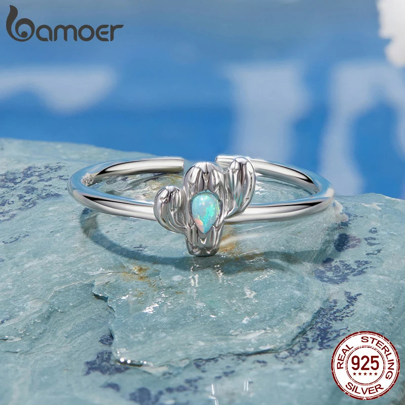 BAMOER 2025 Solid 925 Sterling Silver Cute Cactus Adjustable Rings Lovely Plant Open Ring Jewelry for Women Girls SCR1120-E