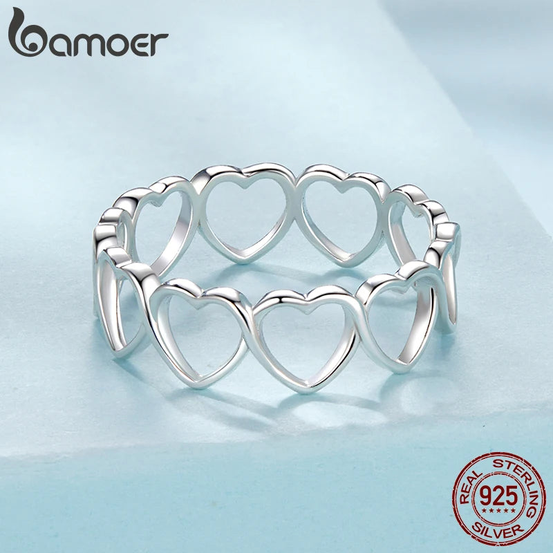 BAMOER S925 Sterling Silber ausgehöhlter Herz-Fingerring für Frauen Geburtstag Valentinstag Geschenk Süße Liebe Edler Schmuck