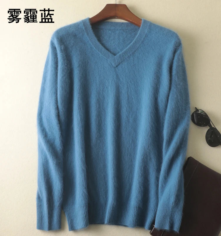 LHZSYY Men's 100% Mink Cashmere Large Size Sweaters Autumn Winter Solid V-neck Casual Knit Pullovers Men Long Sleeve Warm Jumper - Madeinsea©