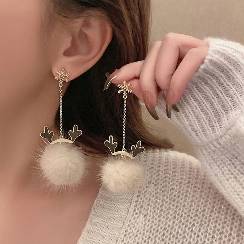 Christmas Snowflake Red Flocking Bowknot Drop Earrings for Women Xmas Cute Elk Snowman Hairball Long Earring Festival Jewelry