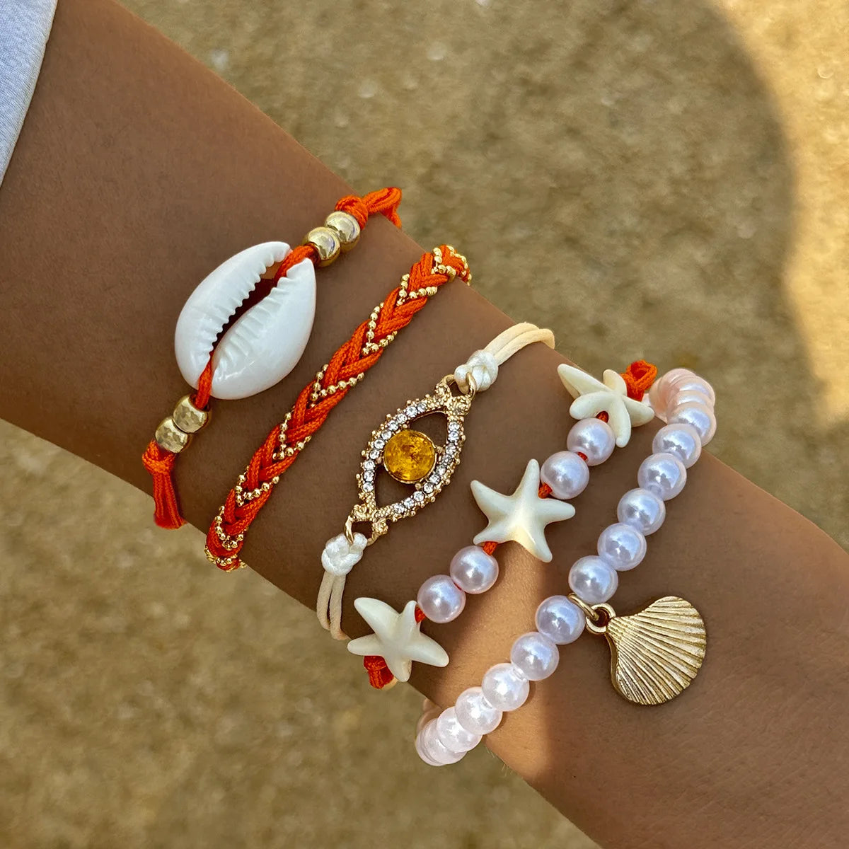 5Pcs Bohemia Shell Starfish Bracelet Set For Women Imitation Pearl Evil Eye Multilayer Beaded Bangles Sand Beach Party Jewelry