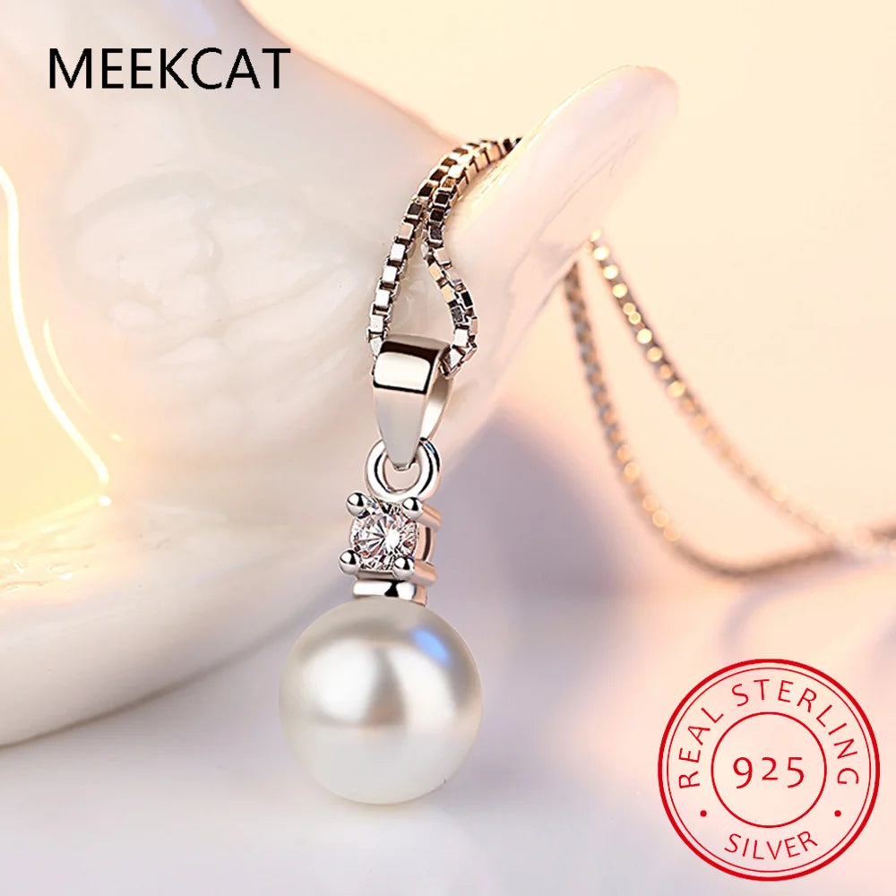 Real 925 Sterling Silver Zircon CZ Pearl Round Choker Necklace For Women OL Fine Jewelry Minimalist Accessories