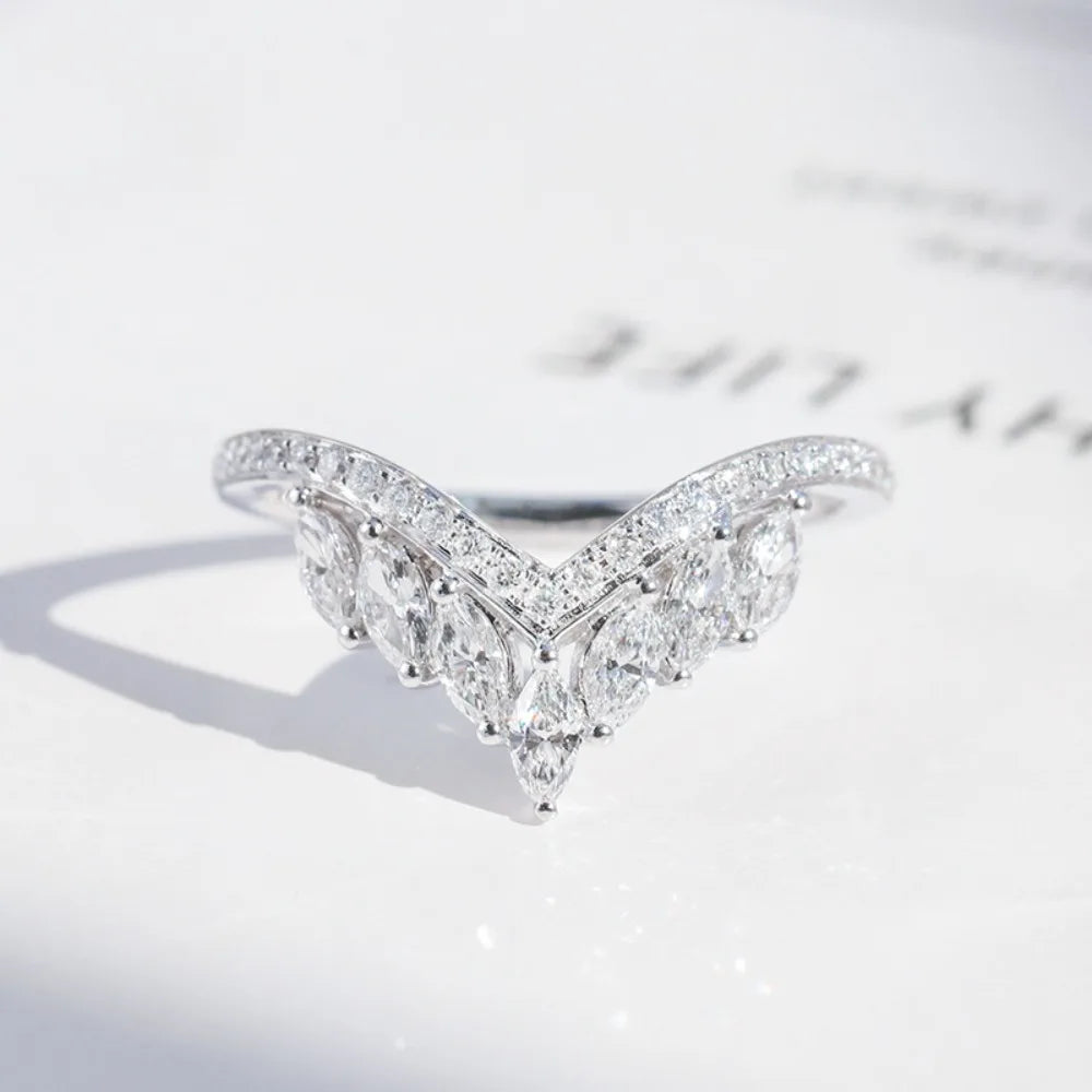 Trumium 18k White Gold Marquise Stackable Cubic Zirconia CZ V Shape Curved Engagement Rings Sparkling 925 Silver Wedding Band