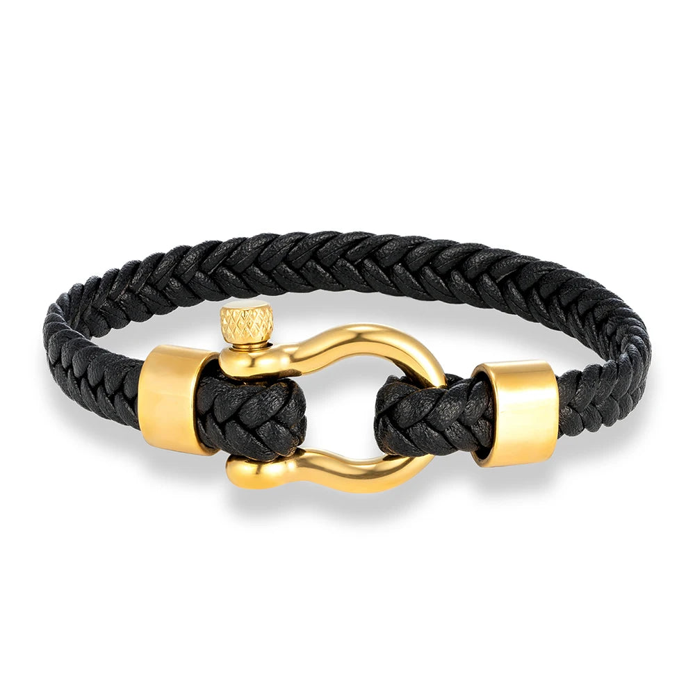 MKENDN Gold Color Stainless Steel Shackle Bracelet Simple Lucky Red Braided Leather Bracelets for Men Women Handmade Jewelry