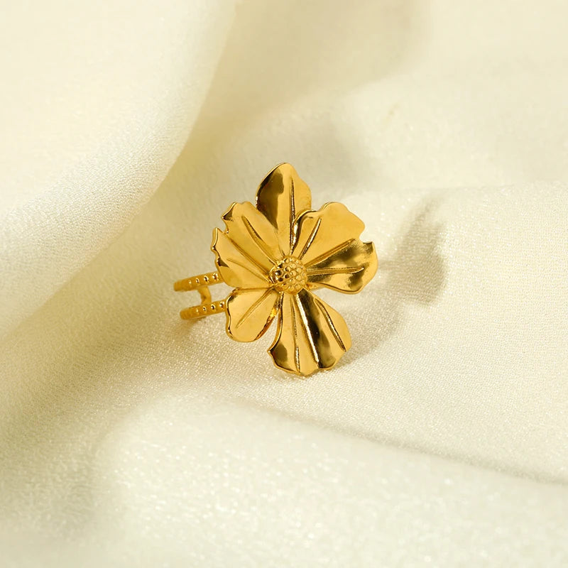 INS Fashion Edelstahl Wasserdicht 18K Gold Farbe Sonnenblume Statement Offener Ring Ohrstecker Set für Frauen Sommer Strand Geschenk