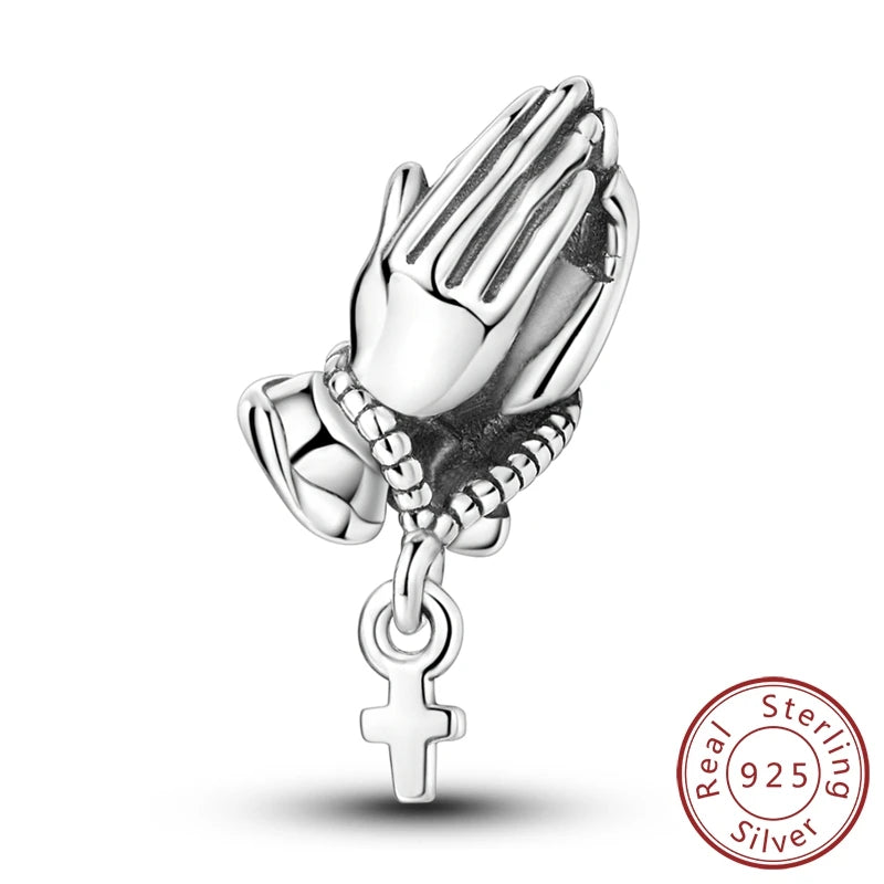 100% 925 Sterling Silver Charms Beads Bible Zircon Cross Jesus Both Hands Pray Fit 925 Original Bracelets Fine DIY Party Jewelry