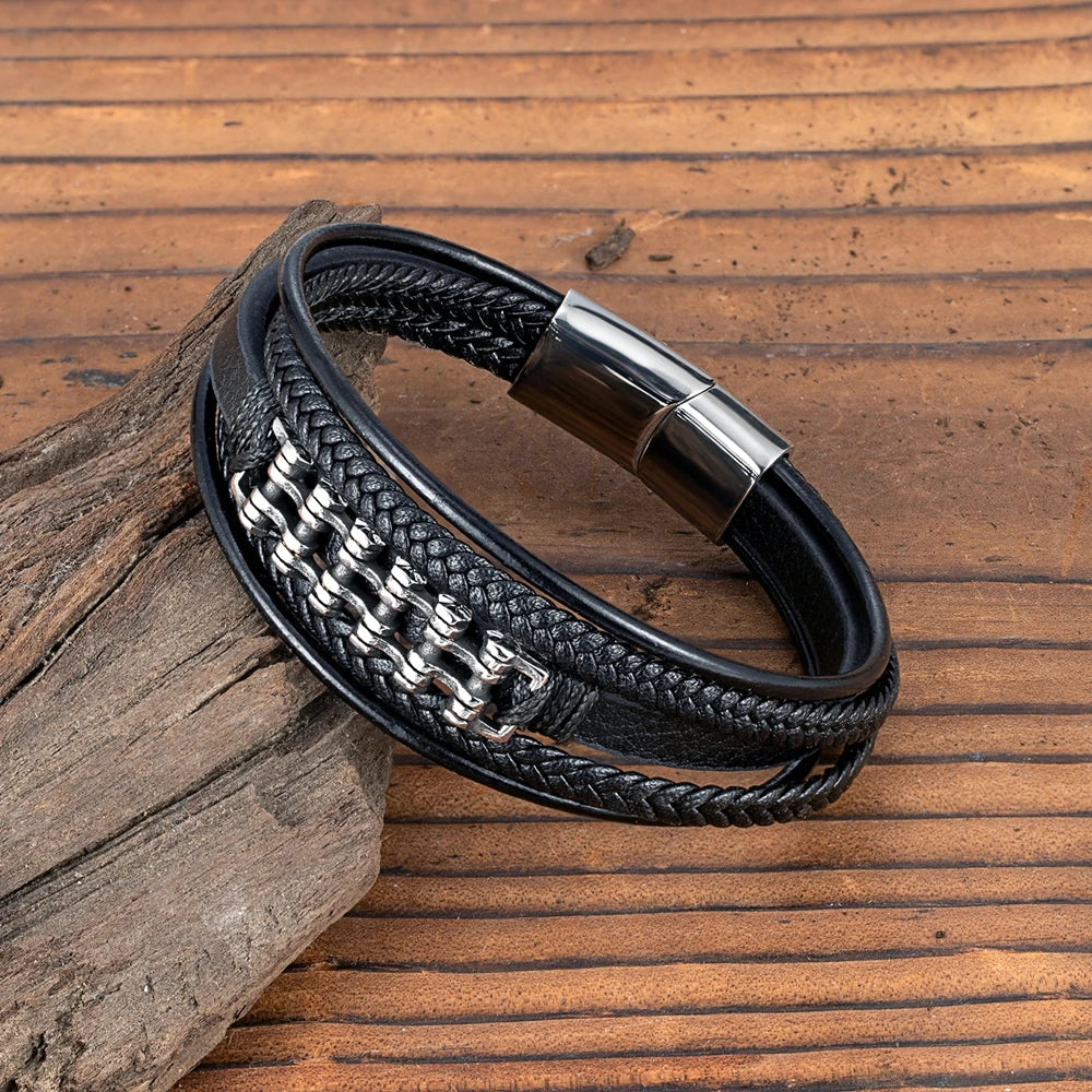 MKENDN Locomotive Men Motorcycle Bracelet Woven Multilayer Braided Leather Bracelets For Women Retro Stainless Steel Jewelry