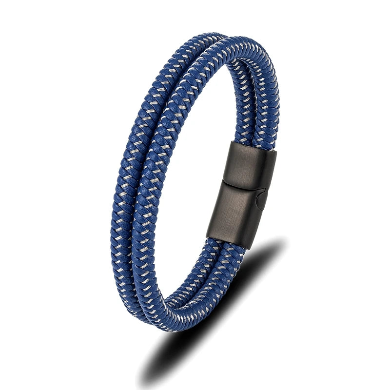 MKENDN Men's Simple Style Leather With Blue Stainless Steel Stitching Combination Bracelet Black Buckle Wristband Bangle Gifts