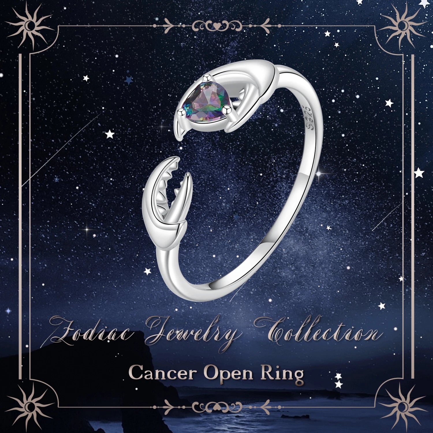 BISAER 925 Sterling Silver Constellation Open Ring Aries Pisces Sagittarius Cancer Scorpio Band for Women Party Fine Jewelry