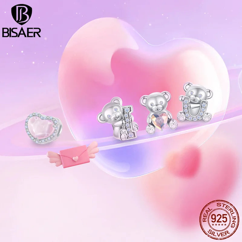 BISAER Pendentif ours rêveur coloré en argent sterling 925 Déclarez votre amour Ours Breloques Perles pour femmes Bracelets DIY Bijoux fins