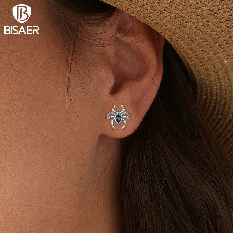 BISAER Véritable 925 Sterling Silver Spider Open Ring E-Boucles d'oreilles Ensembles de bijoux pour animaux pour femmes Fête Halloween Cadeau Bijoux fins