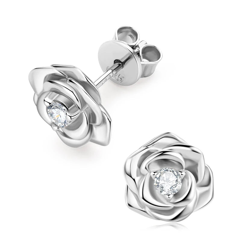 GRA Certified 925 Sterling Silver Rose Flower Stud Earring Round Cut for Women 3mm Moissanite Earrings Fashion Jewelry Gifts