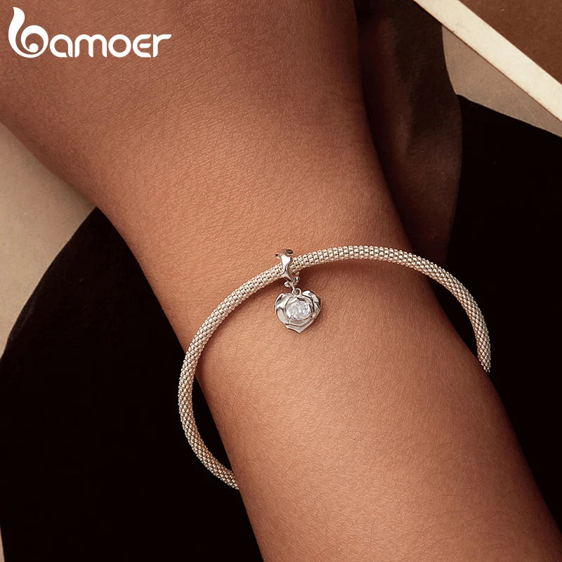 BAMOER Solid 925 Sterling Silver Rose Heart Charm Pendant fit Original Bracelet DIY Jewelry Accessories bamoer Flower Beads