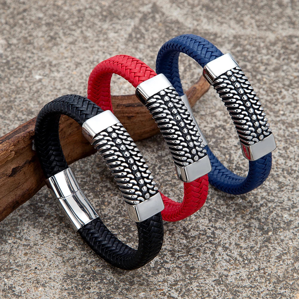 MKENDN Viking Leather Cuff Bracelet Norse Wristband in Black Blue Red Men's Leather Bracelet Viking Warrior Jewelry Gift For Son