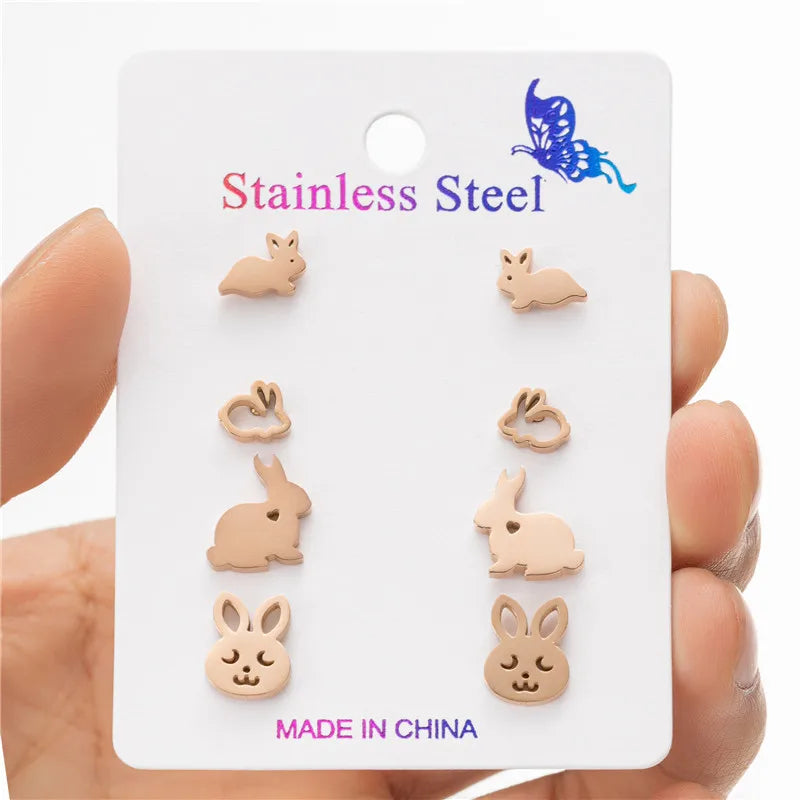 4Pairs/Lot Tiny Rabbit Earrings Women Cute Stainless Steel Bunny Stud Earring Sets for Girls Fashion Animal Ear Studs Birthday