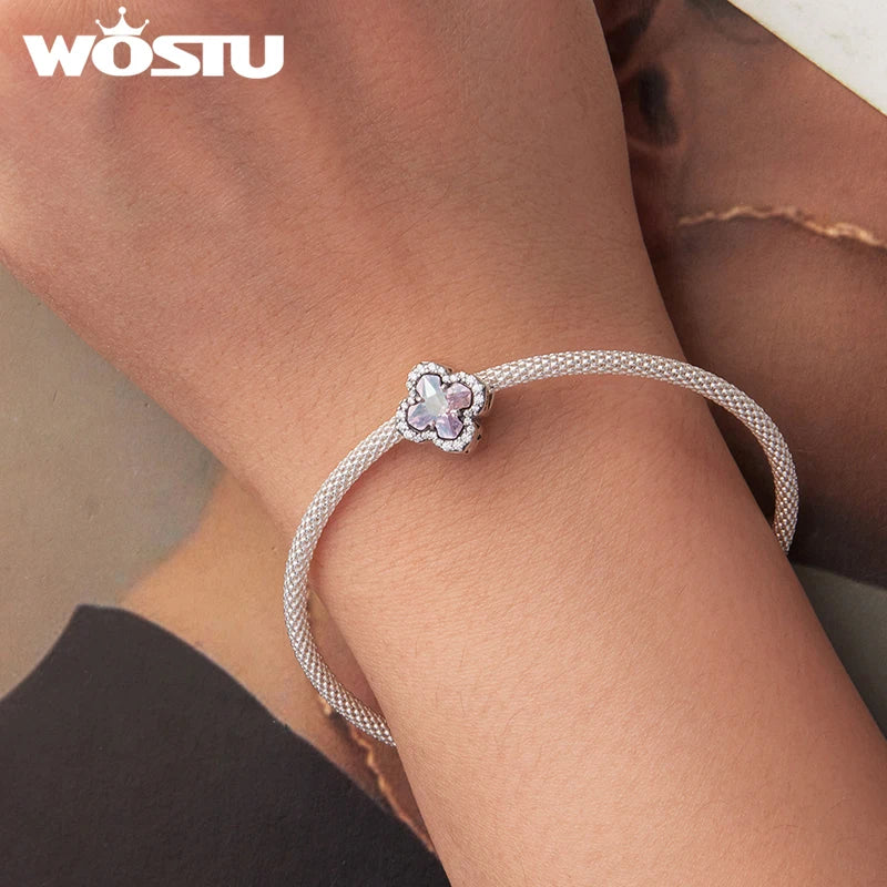 WOSTU 925 Sterling Silver Four-leaf Clover Charm Pink Green Glass Gentle Original Cross Faith Beads for Woman Fine Jewelry DIY