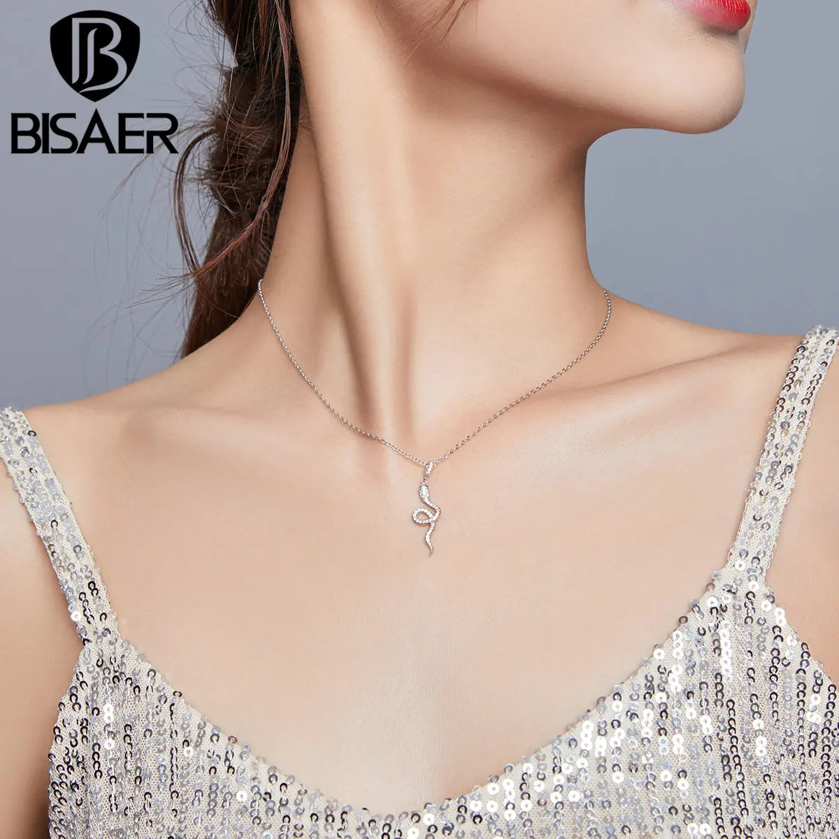 BISAER 925 Sterling Silver Snake Necklace Pendant Pave Setting Zircon Plated Platinum for Women Adjustable Chain Fine Jewelry