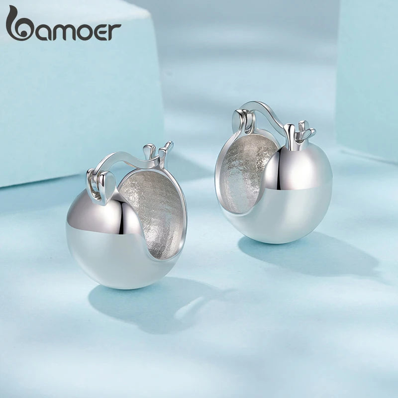 BAMOER White Gold Plated Post Glossy Ball Hoop Earrings, High Polished Chunky Hollow Sphere for Women 925 Sterling Silver Gift